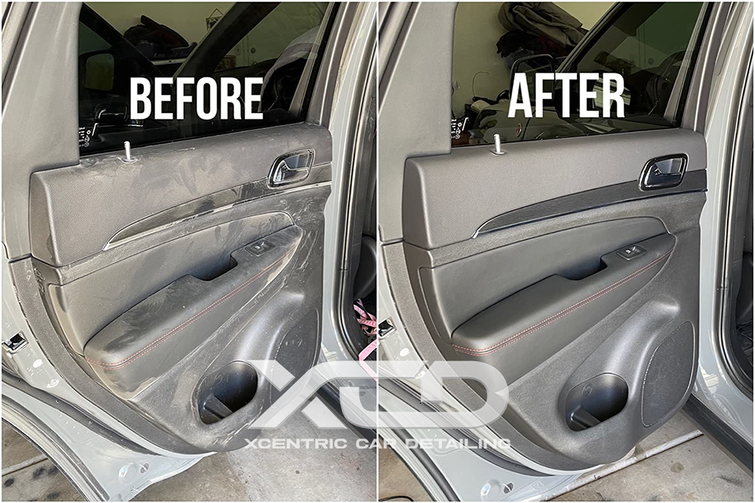 Before and after car door interior detailing showing deep cleaning and restoration by Xcentric Car Detailing